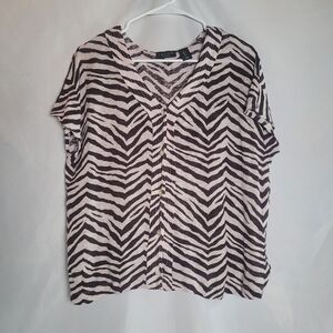 Tahari 100% Linen Cap Sleeve Zebra Print Button Front Blouse Size L Brown/Pink